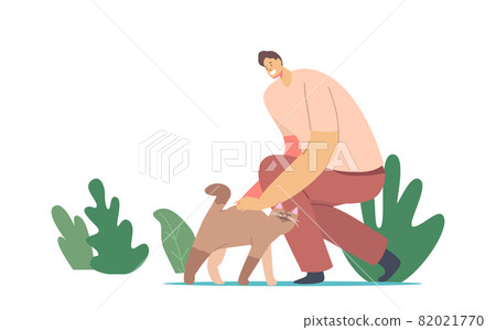 Happy Man Caress Cat. Male Character Caring of Pet Kitten. Leisure, Communication, Love, Care of Animals Concept 82021770