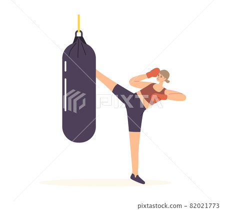 Female in Boxing Gloves Kicking Punching Bag Training Hit for Self Defense Practice or Prepare to Combat Competition 82021773