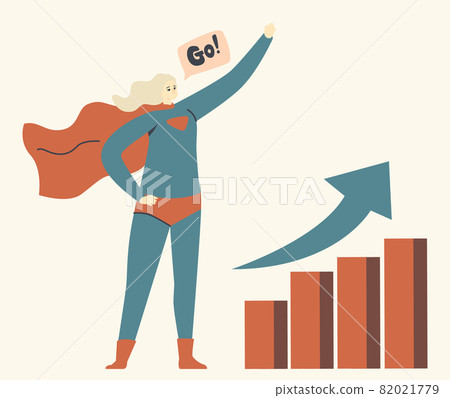 Happy Business Woman or Manager in Super Hero Costume at Rising Column Chart. Female Character Success, Goal 82021779
