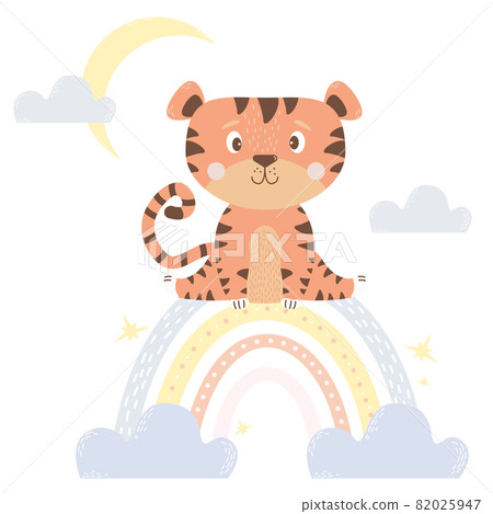 A cute tiger sits on a rainbow with clouds and the moon. Scandinavian style. Vector illustration. Baby animal concept for nursery, design, decoration, postcards and prints A cute tiger sits on a rainbow with clouds and the moon. Scandinavian style. Vector illustration. Baby animal concept for nursery, design, decoration, postcards and prints 82025947