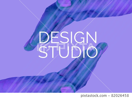 Digitally generated image of design studio text over two hands against purple background 82026458