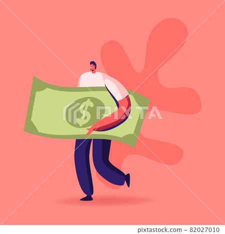 Tiny Man Carry Holding Huge Dollar Banknote Going to Buy Something. Male Character with Money Cash 82027010