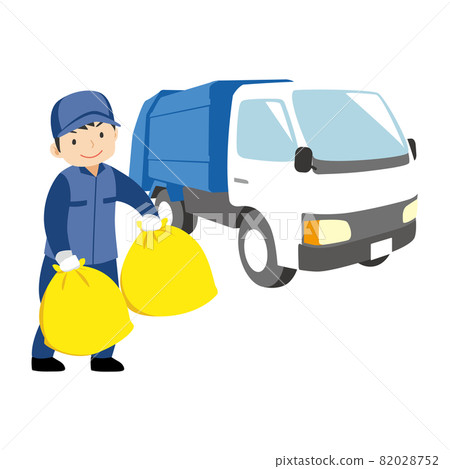 Garbage truck and smiling cleaner man (color) Garbage truck and smiling cleaner man (color) 82028752