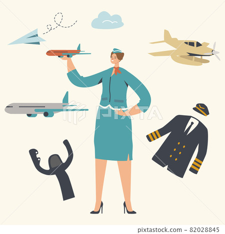 Stewardess Character Wearing Uniform Holding Airplane Model in Hand. Airline Transportation Service, Plane Crew Stewardess Character Wearing Uniform Holding Airplane Model in Hand. Airline Transportation Service, Plane Crew 82028845