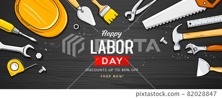 Happy labor day sale, construction tools, design on black wood background 82028847