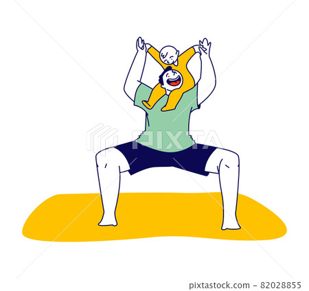 Young Man Practicing Yoga Sports Activity with Baby at Home. Male Character Squat Stretching Legs and Arms Exercise Young Man Practicing Yoga Sports Activity with Baby at Home. Male Character Squat Stretching Legs and Arms Exercise 82028855
