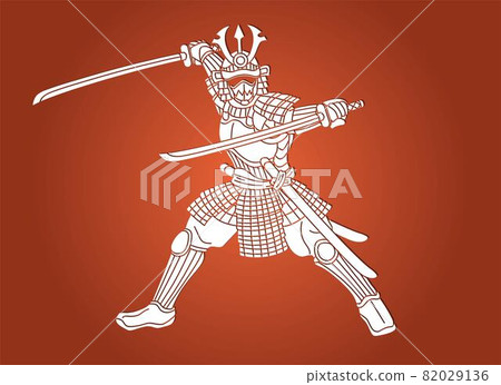 Samurai Warrior or Ronin Japanese Fighter Action with Armor and Weapon Cartoon Graphic Vector 82029136