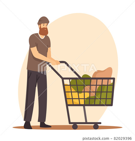 Beggar Male Character Wearing Ragged Clothing Pick Up Garbage on Street and Put into Shopping Cart, Homeless Poor Bum 82029396