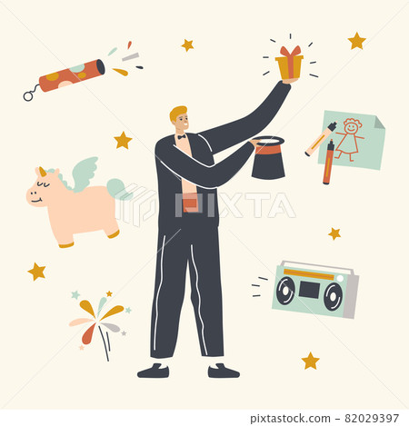 Circus Magician Character Performing Tricks with Top Hat on Children Party. Animator, Big Top Illusionist in Tailcoat 82029397