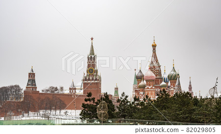 Intercession Cathedral or St. Basil's Cathedral and the Spassky Tower of Moscow Kremlin at Red Square in Moscow, Russia Intercession Cathedral or St. Basil's Cathedral and the Spassky Tower of Moscow Kremlin at Red Square in Moscow, Russia 82029805