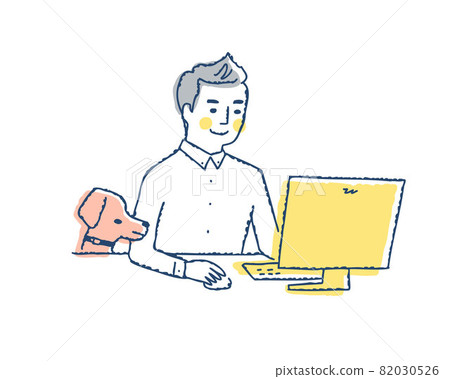 Men and pet dogs working on computers Men and pet dogs working on computers 82030526