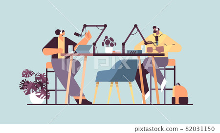 podcasters talking to microphones recording podcast in studio podcasting online radio broadcasting concept podcasters talking to microphones recording podcast in studio podcasting online radio broadcasting concept 82031150