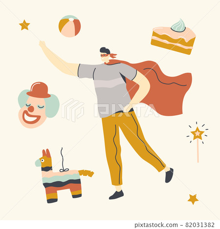 Animator Character in Super Hero Cape Performing on Children Birthday Party. Show for Kids, Carnival Amusement 82031382