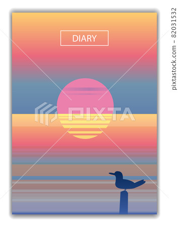 Cover diary background design template for book, notebook, flyer, banner, poster, card. Abstract seascape ocean sunset view, seagull minimalist style. Vector illustration 82031532