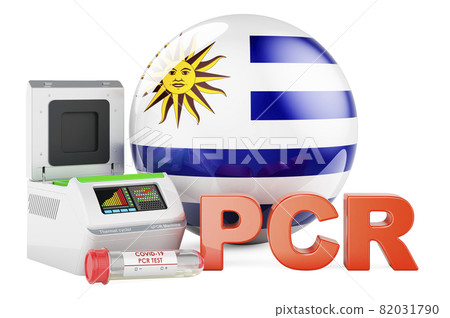 PCR test for COVID-19 in Uruguay, concept. PCR thermal cycler with Uruguayan flag, 3D rendering PCR test for COVID-19 in Uruguay, concept. PCR thermal cycler with Uruguayan flag, 3D rendering 82031790