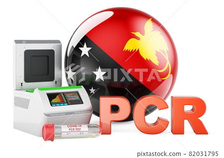 PCR test for COVID-19 in Papua New Guinea, concept. PCR thermal cycler with Papuan New Guinean flag, 3D rendering PCR test for COVID-19 in Papua New Guinea, concept. PCR thermal cycler with Papuan New Guinean flag, 3D rendering 82031795