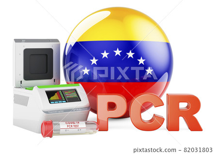 PCR test for COVID-19 in Venezuela, concept. PCR thermal cycler with Venezuelan flag, 3D rendering PCR test for COVID-19 in Venezuela, concept. PCR thermal cycler with Venezuelan flag, 3D rendering 82031803