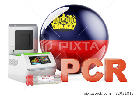 PCR test for COVID-19 in Liechtenstein, concept. PCR thermal cycler with Liechtensteiner flag, 3D rendering 82031813