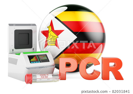 PCR test for COVID-19 in Zimbabwe, concept. PCR thermal cycler with Zimbabwean flag, 3D rendering 82031841