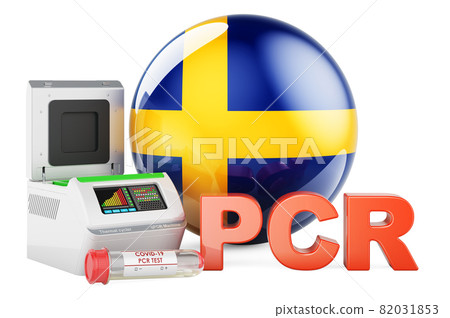 PCR test for COVID-19 in Sweden, concept. PCR thermal cycler with Swedish flag, 3D rendering 82031853