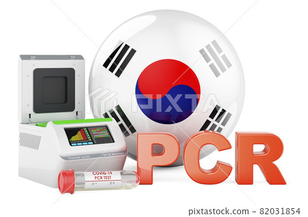 PCR test for COVID-19 in South Korea, concept. PCR thermal cycler with South Korean flag, 3D rendering PCR test for COVID-19 in South Korea, concept. PCR thermal cycler with South Korean flag, 3D rendering 82031854