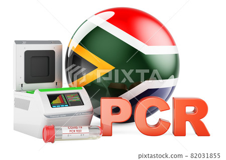 PCR test for COVID-19 in South Africa, concept. PCR thermal cycler with South African flag, 3D rendering PCR test for COVID-19 in South Africa, concept. PCR thermal cycler with South African flag, 3D rendering 82031855