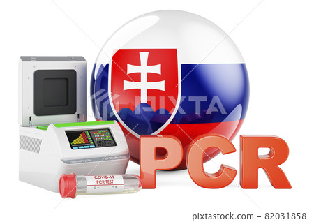 PCR test for COVID-19 in Slovakia, concept. PCR thermal cycler with Slovak flag, 3D rendering 82031858