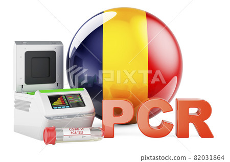 PCR test for COVID-19 in Romania, concept. PCR thermal cycler with Romanian flag, 3D rendering 82031864