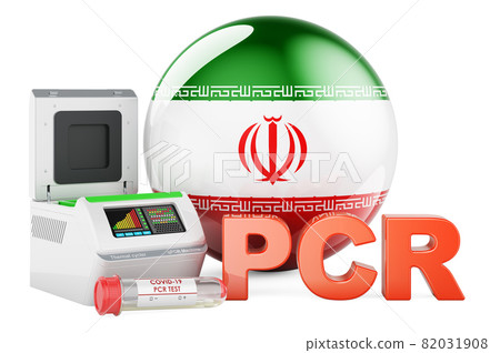 PCR test for COVID-19 in Iran, concept. PCR thermal cycler with Iranian flag, 3D rendering 82031908