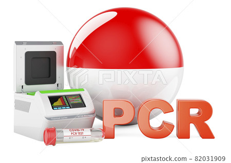 PCR test for COVID-19 in Indonesia, concept. PCR thermal cycler with Indonesian flag, 3D rendering PCR test for COVID-19 in Indonesia, concept. PCR thermal cycler with Indonesian flag, 3D rendering 82031909