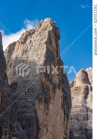Rock face of Drei Zinnen or Tre Cime di Lavaredo - Dolomites Italian Alps Rock face of Drei Zinnen or Tre Cime di Lavaredo - Dolomites Italian Alps 82032191