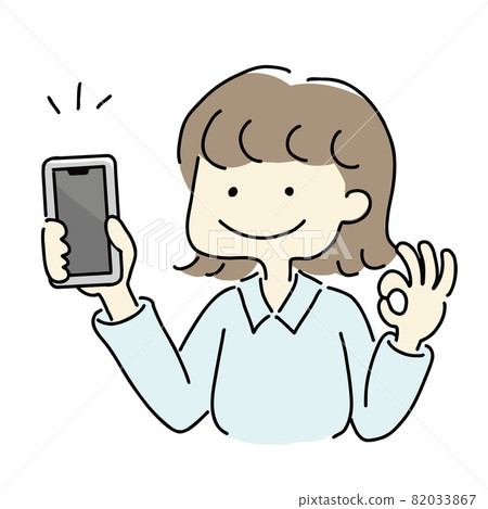 拿著智能手機和給一個好標誌的婦女 拿著智能手機和給一個好標誌的婦女 82033867