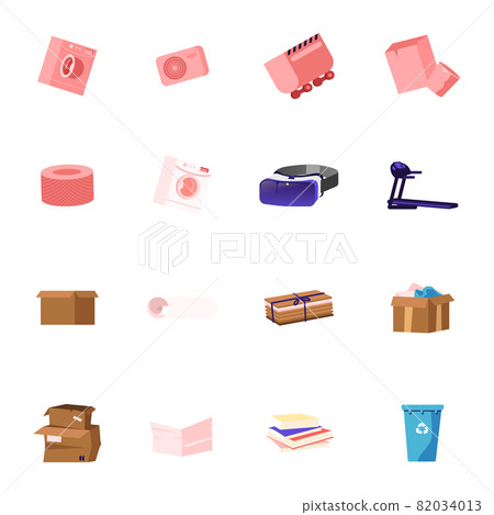Set of Icons Washing Machine, Quarry Trolley and Glasses of Virtual Reality, Treadmill, Carton Boxes and Stack of Paper 82034013
