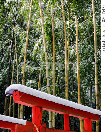 有雪的牌坊在竹灌木背景 有雪的牌坊在竹灌木背景 82035475