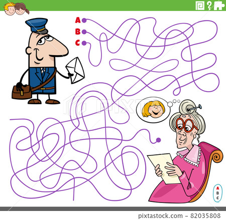 maze game with cartoon postman and senior woman 82035808
