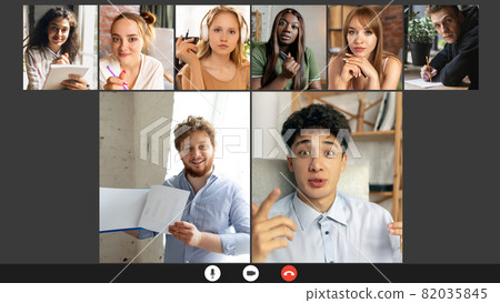 Remote education. Team working, students at online lesson, class via group video call, people share ideas brainstorming use video conference. Collage 82035845