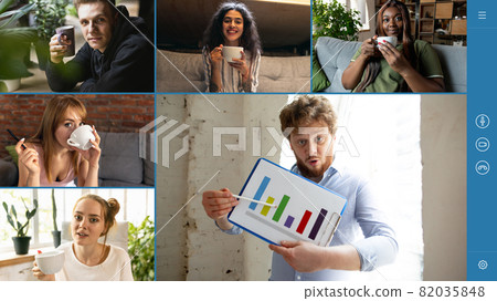 Team working by group video call share ideas brainstorming use video conference. Graphs and charts Team working by group video call share ideas brainstorming use video conference. Graphs and charts 82035848