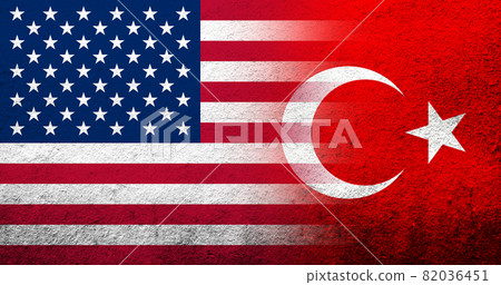 United States of America (USA) national flag with National flag of Turkey. Grunge background 82036451