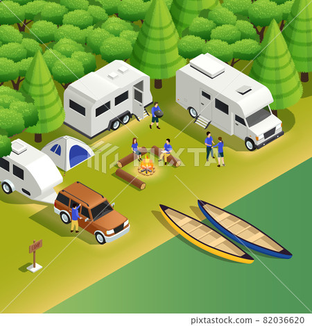 Rafting Canoeing Campsite Isometric View 82036620