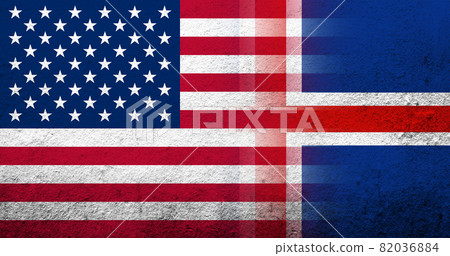 United States of America (USA) national flag with National flag of Iceland. Grunge background 82036884