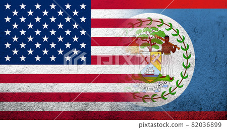 United States of America (USA) national flag with National flag of Belize. Grunge background 82036899