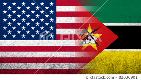 United States of America (USA) national flag with Mozambique National flag. Grunge background 82036901