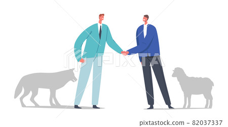 Betrayal, Trickery, False Agreement or Dangerous Friendship Concept. Wolf and Sheep Business Partners Characters Meet 82037337