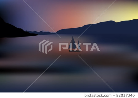 Beautiful sunset over the ocean with distant mountain and sailing yacht. 82037340