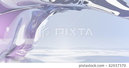 Abstract geometric dispersion glass twisted shape over water surface. Holographic transparent ribbon in curve wavy forms, caustic effect, iridescent chromatic object flying in seascape, 3d render Abstract geometric dispersion glass twisted shape over water surface. Holographic transparent ribbon in curve wavy forms, caustic effect, iridescent chromatic object flying in seascape, 3d render 82037370