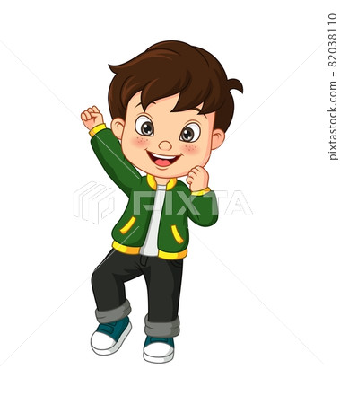 Cartoon happy little boy in green jacket 82038110