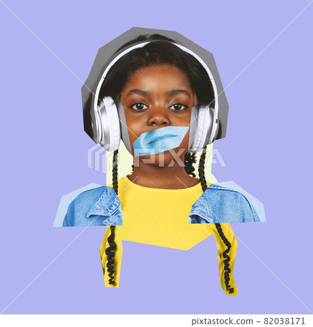 Young woman's portrait made of different pieces of faces and body, modern art collage. Magazine style, contemporary view of emotions, feelings. Young woman's portrait made of different pieces of faces and body, modern art collage. Magazine style, contemporary view of emotions, feelings. 82038171