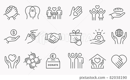 Charity line icon set. Collection of empathy, donate, volunteer, help and more. Editable stroke. 82038190