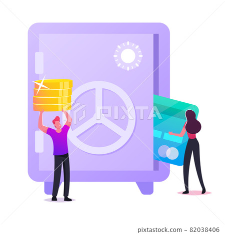 Tiny Characters Put Huge Golden Coins and Credit Card to Bank Safe. People Collecting Money, Making Savings, Investment 82038406