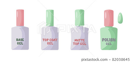 Nail polish, gel polish. Jar of nail polish, base gel, top coat, matte top coat, colored gel polish. Inscriptions on jars - lettering. Vector illustration, icons, in flat style, isolated on a white 82038645